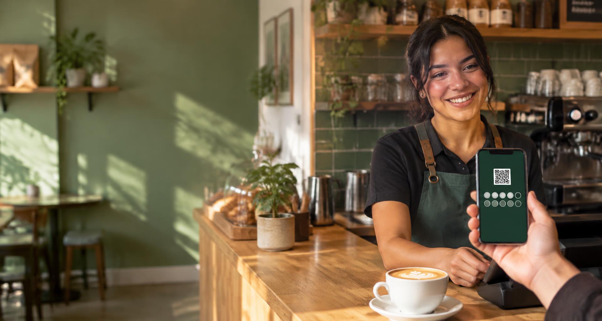 Una clienta presenta su tarjeta digital en una cafetería